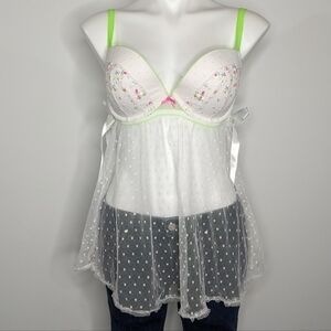 Victoria's Secret white green floral embroidered babydoll lingerie 36D